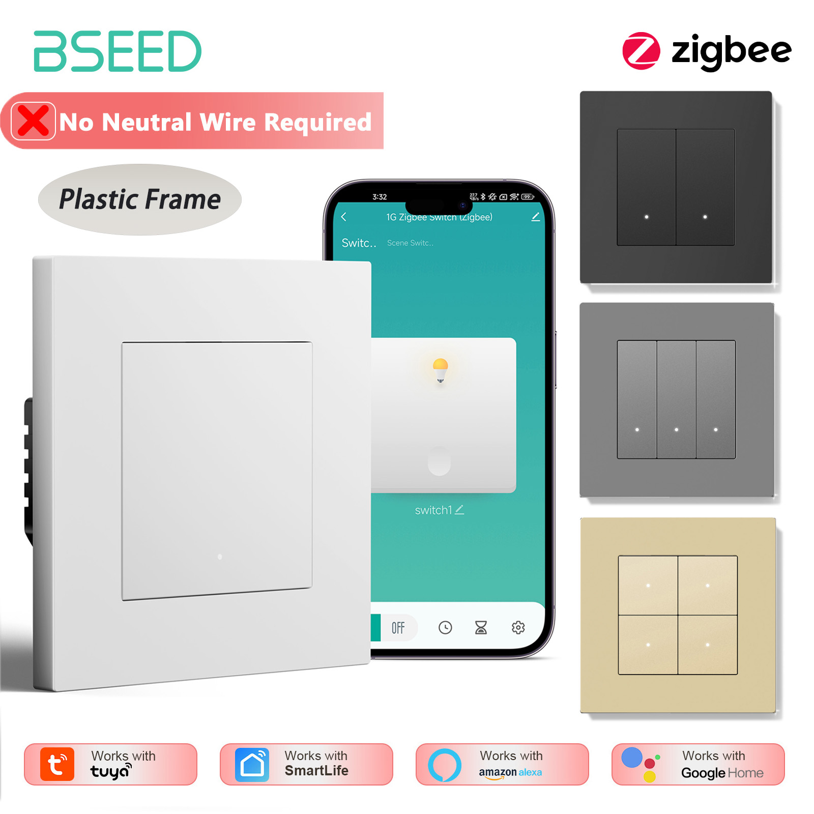 Tuya 4 Channel - สวิตช์ไฟอัจฉริยะ BSEED 1/2/3/4 ช่อง Zigbee แบบกดปุ่ม